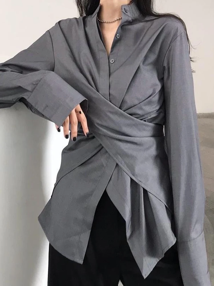 

Jmprs Vintage Design Gray Shirt Women Long Sleeve Streetwear Blouse Korean Retro Casual Bf Y2K Harajuku Irregular Spring Tops