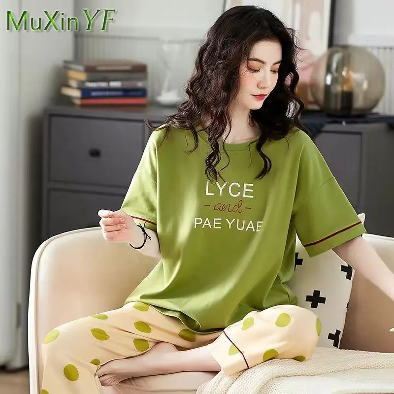 

100% Cotton Pajamas Women's Summer Short-sleeved Cropped Trousers Pijamas Two-piece Korean Cute Nightie Loose Sleepwear Homewear