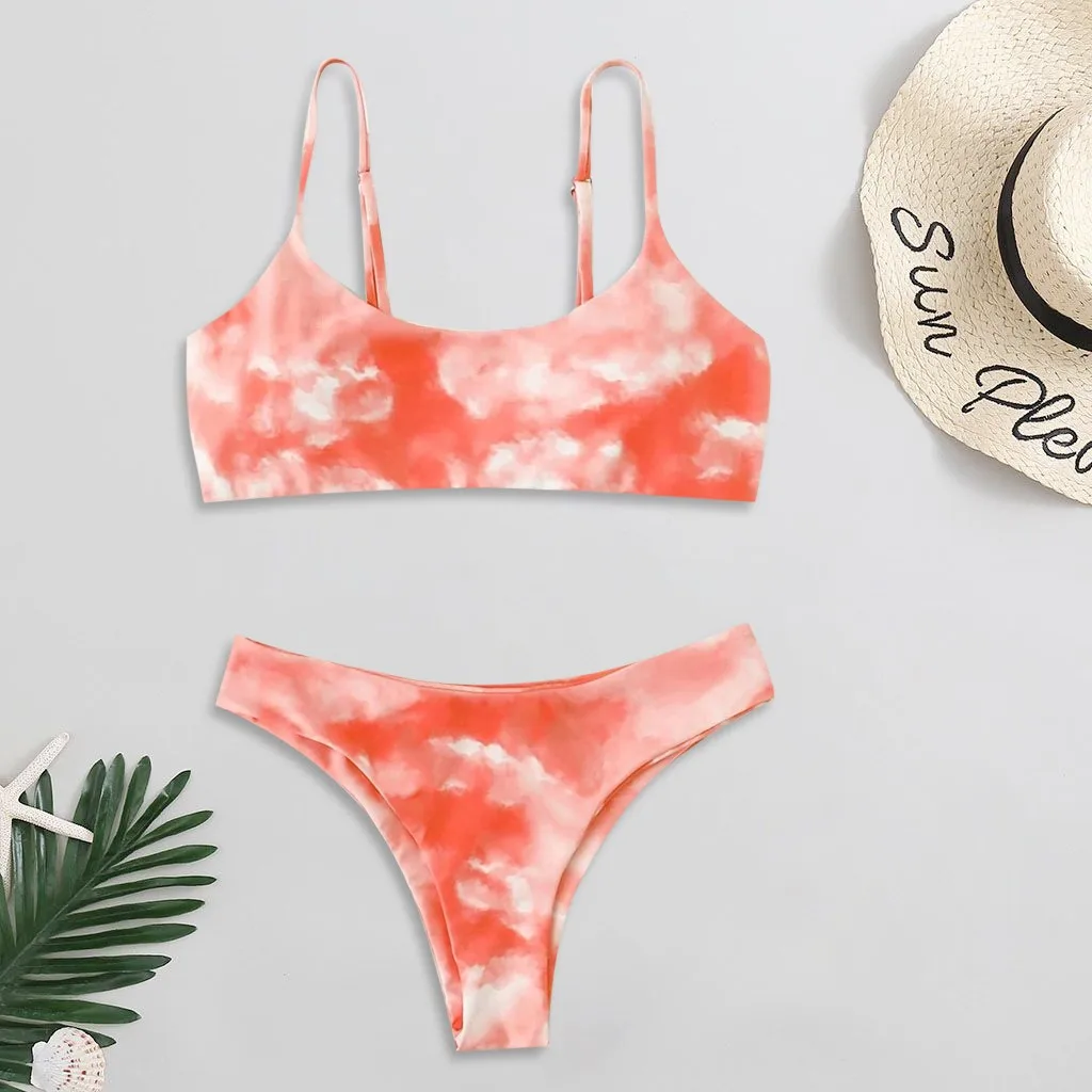 Bikini brasileño con estampado Tie-Dye para mujer, traje de baño Sexy, conjunto de dos piezas de corte alto, Tankini de playa con estampado sólido