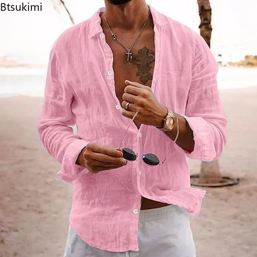 2025 Men\'s Beach Holiday Style Long Sleeve Casual Shirt Fashion Solid Loose Cotton Linen Breathable Lapel Tops Man Daily Blouses