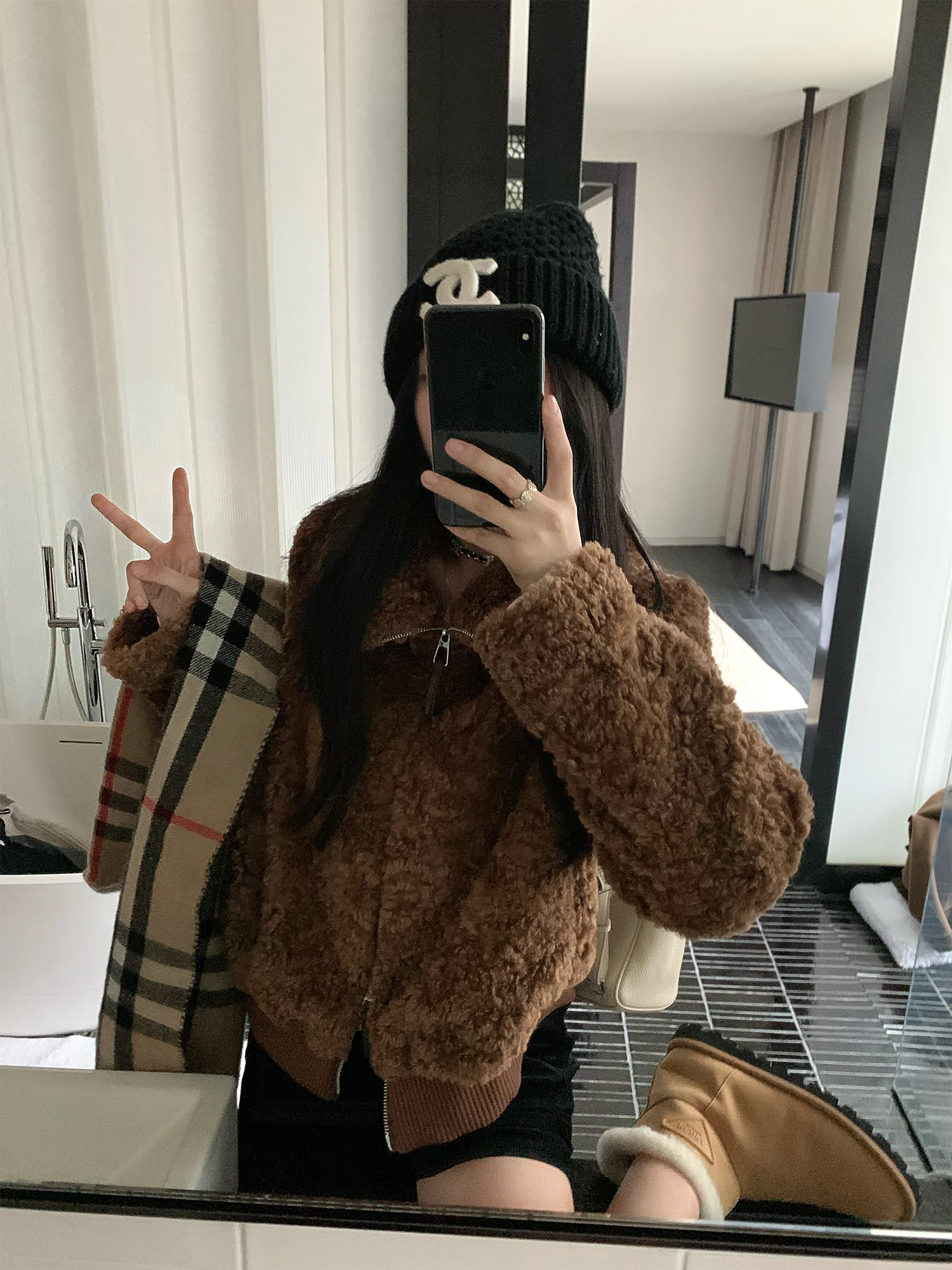 

Женское пальто Hhi с двойной молнией и лацканами из овечьего меха, натуральная кожа и мех, осенне-зимнее модное простое пальто