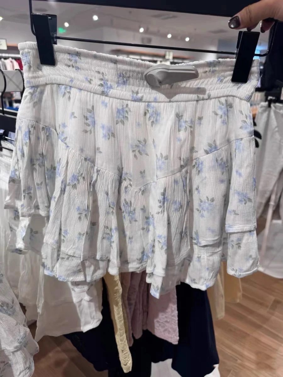 

Blue Floral Print Tiered Mini Skirt Women Summer High Elastic Waist Ruffle Short Skirts Sweet Casual Preppy Style A-line Faldas