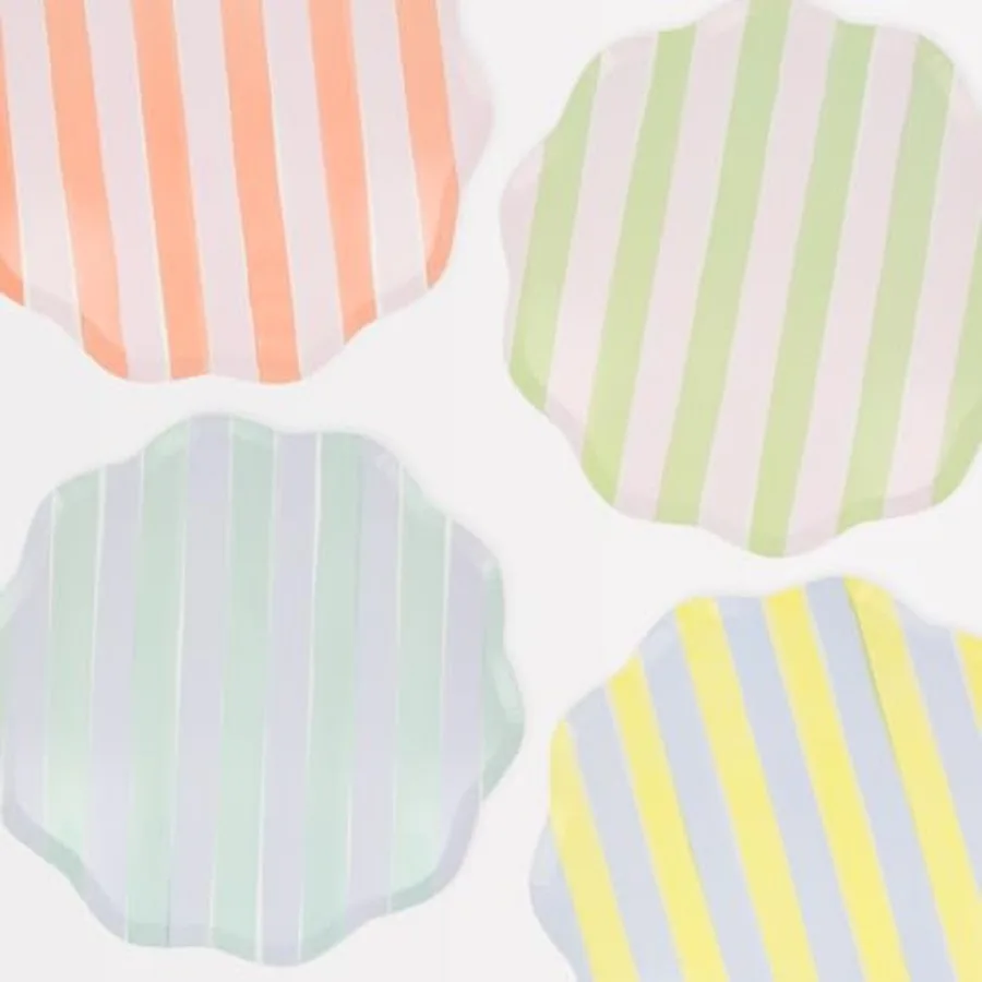 Pastel Striped Paper Plates, Pack of 8 Disposable Plates with Wavy Edges in Fun, Bright Colors and 2 Sizes Side and Dinner,Vers