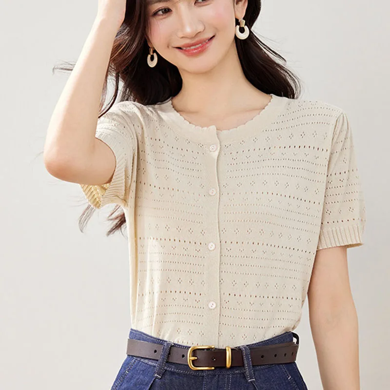 Short Sleeve White T-Shirt Women 2026 Summer New Ice Silk Casual Cardigan Knitted Tshirts Hollow Out Thin Crop Tops Female