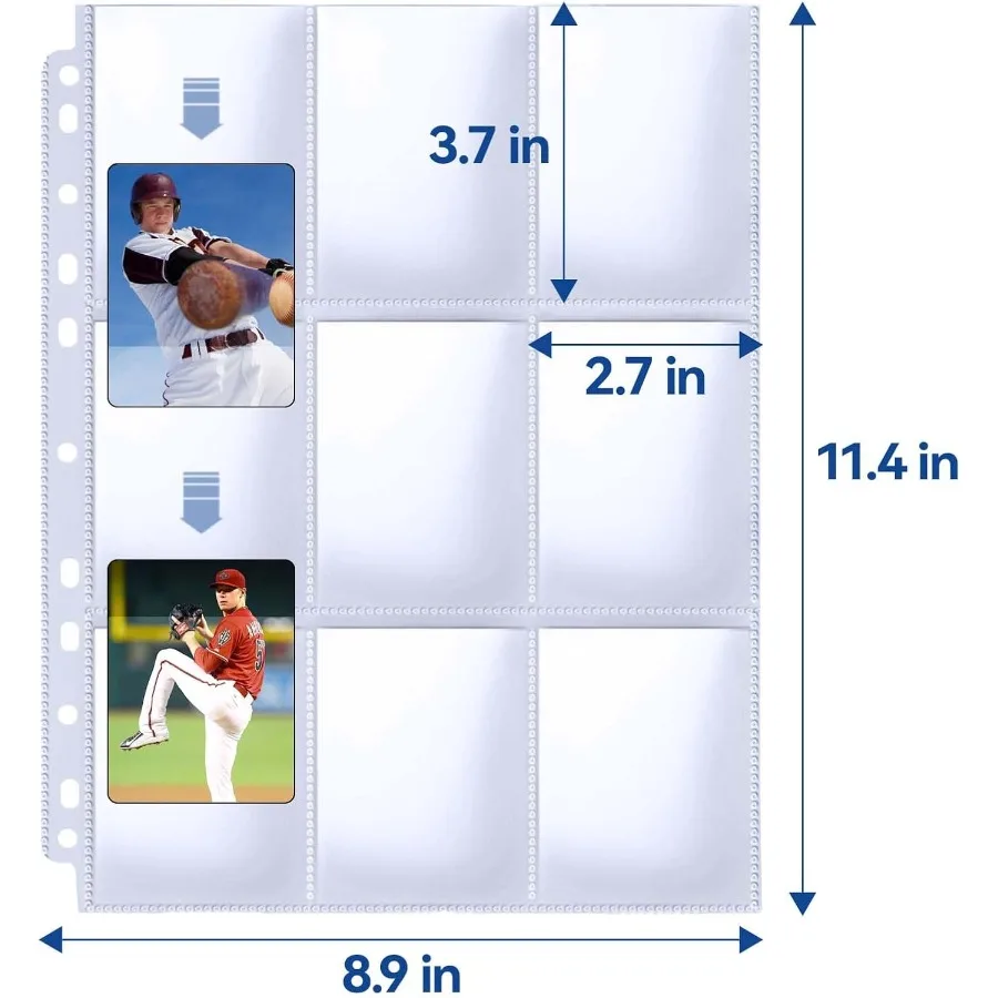Trading Card Sleeve Pages PANDRI 100 Pack 9 Pocket Trading Card Storage Album Pages 11 Holes Fit 3 Ring Binder