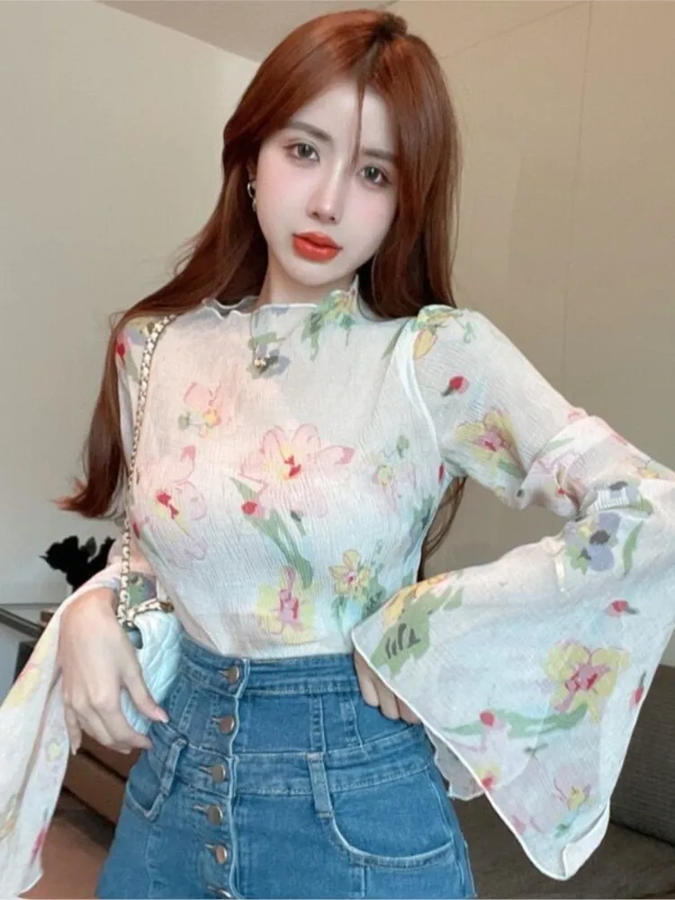 

Summer Women Yellow Pink Print Shirt Fashion Casual Chiffon Half High Neck Flare Sleeve Top Long Sleeved Loose Top 2024 Blouses