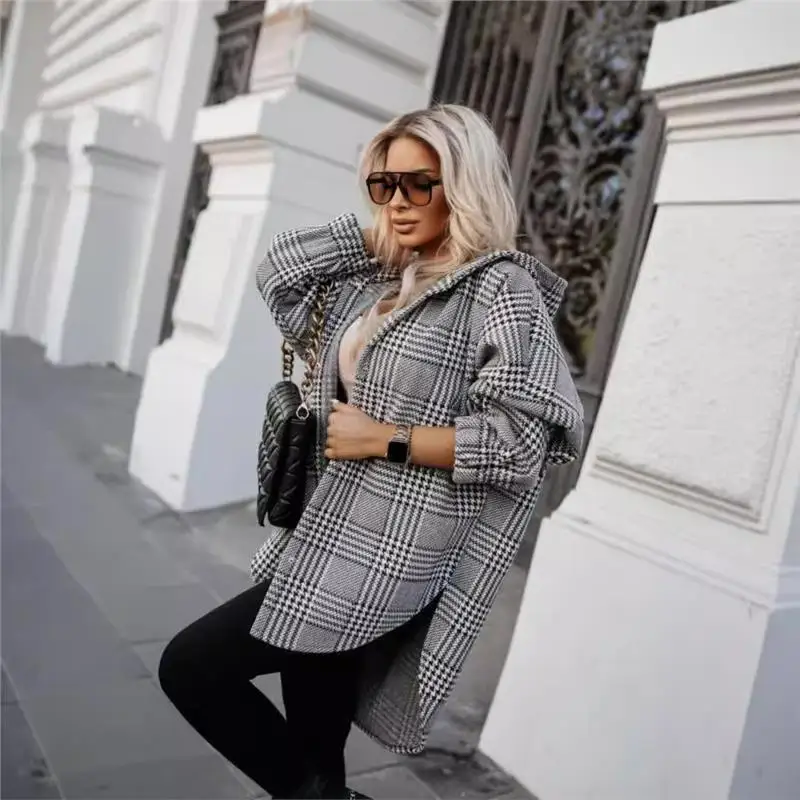 

Faionable Loose Plaid Hooded Coat Women's Autumn New Sle Casual Cross-Border Wi Long Sve Long Coat PU Material