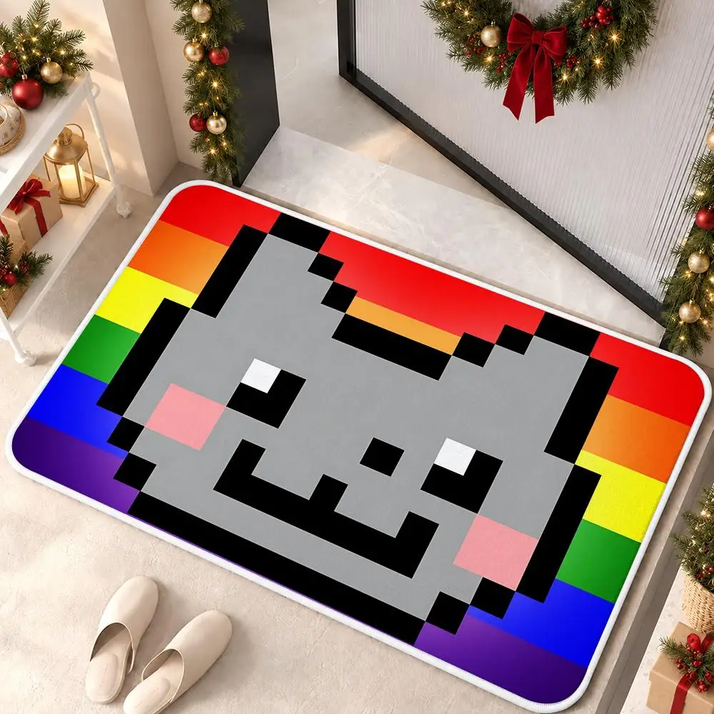 Whimsical Cartoon N-Nyan cat lost in space Floor Mat Soft Non Slip Flannel Door Mat for Bathroom Kitchen Bedroom Home Decor