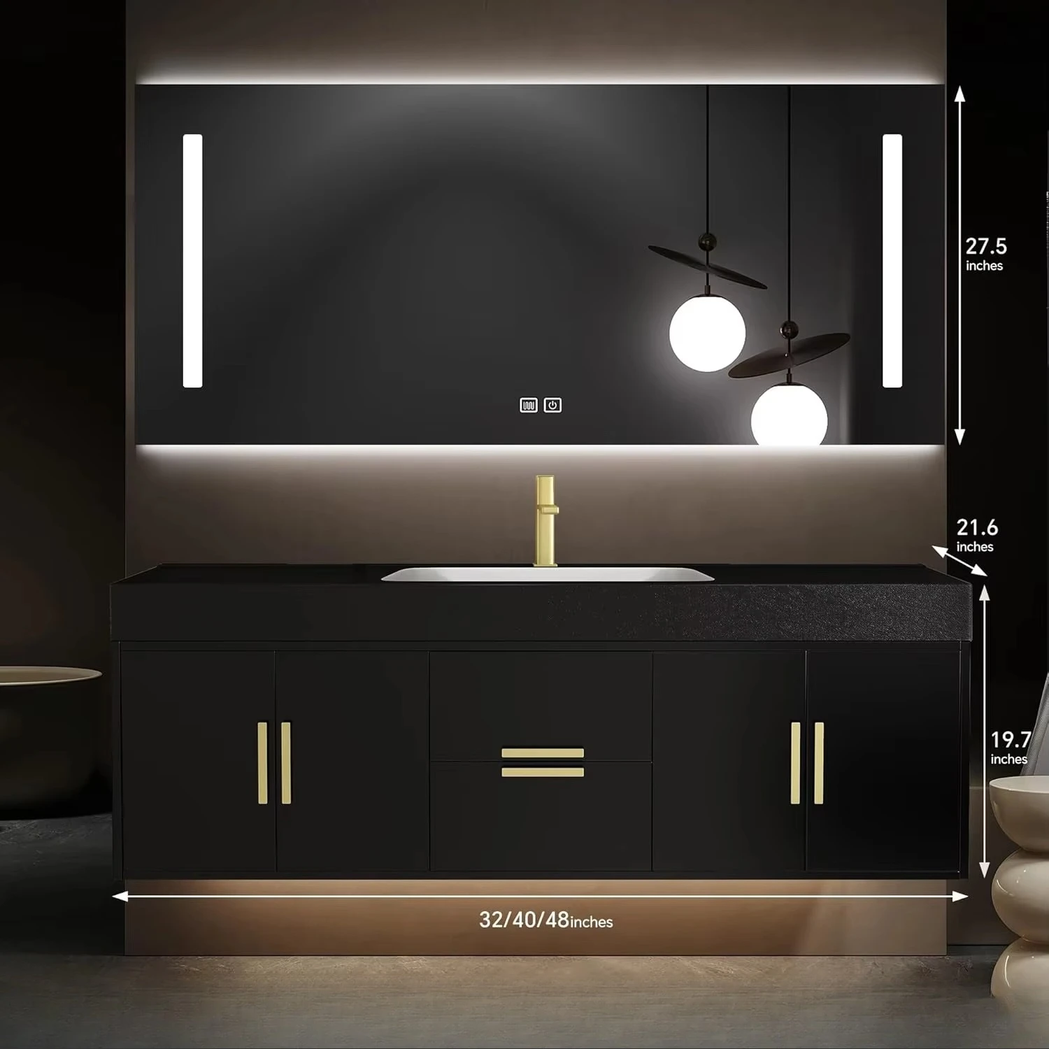&c Modern Wall-mounted Water Resistant Eco-Friendly Intelligent Lighting LED Mirror Bathroom Vanity Cabinet Grey Wood Countertop