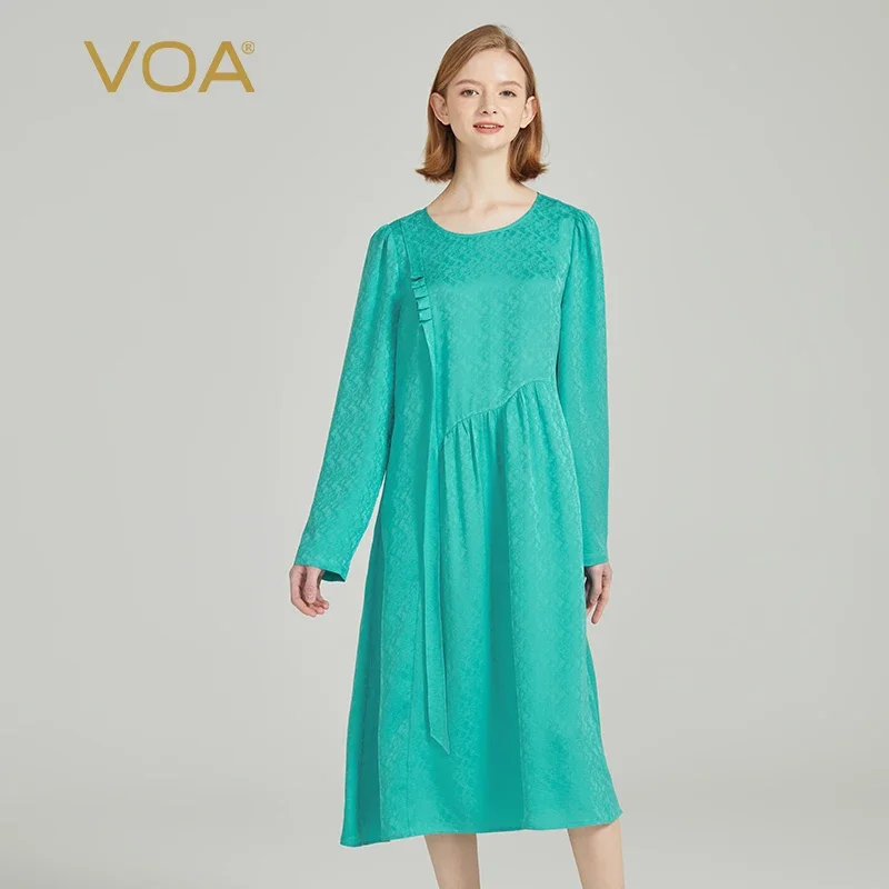 

VOA Jacquard Real Silk O-neck Bubble Long Sleeve Loose Waist Dresses Women Casual Clearwater Blue Lightweight Silk Dress AE2011