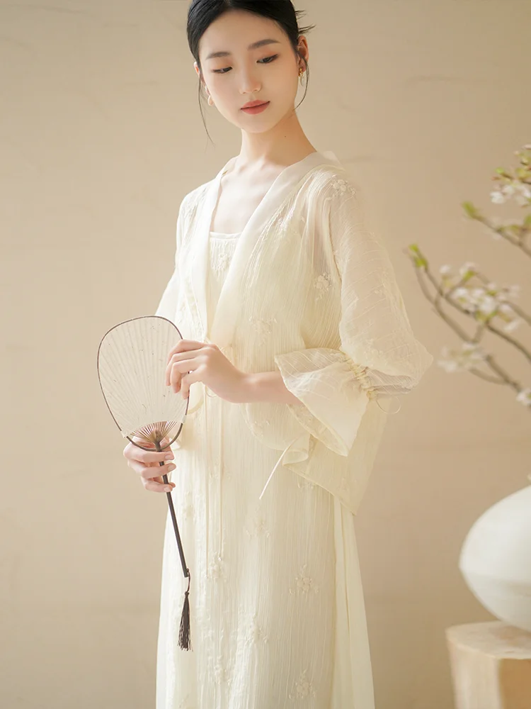 ChuChan Primavera Nuevo Conjunto Hanfu Mejorado de Estilo Nacional para Mujer, con Velo Fino y Textura Ligera, Estilo Chino, Prenda Exterior Envolvente