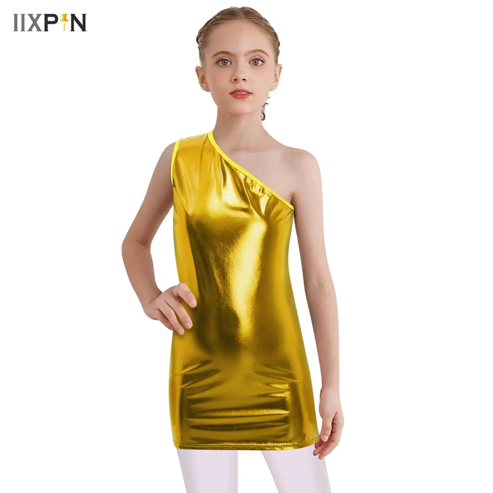 

Kids Girls Dress Cheerleading Dance Performance Costume One Shoulder Sleeveless Metallic Leopard Jazz Tango Samba Dance Dress