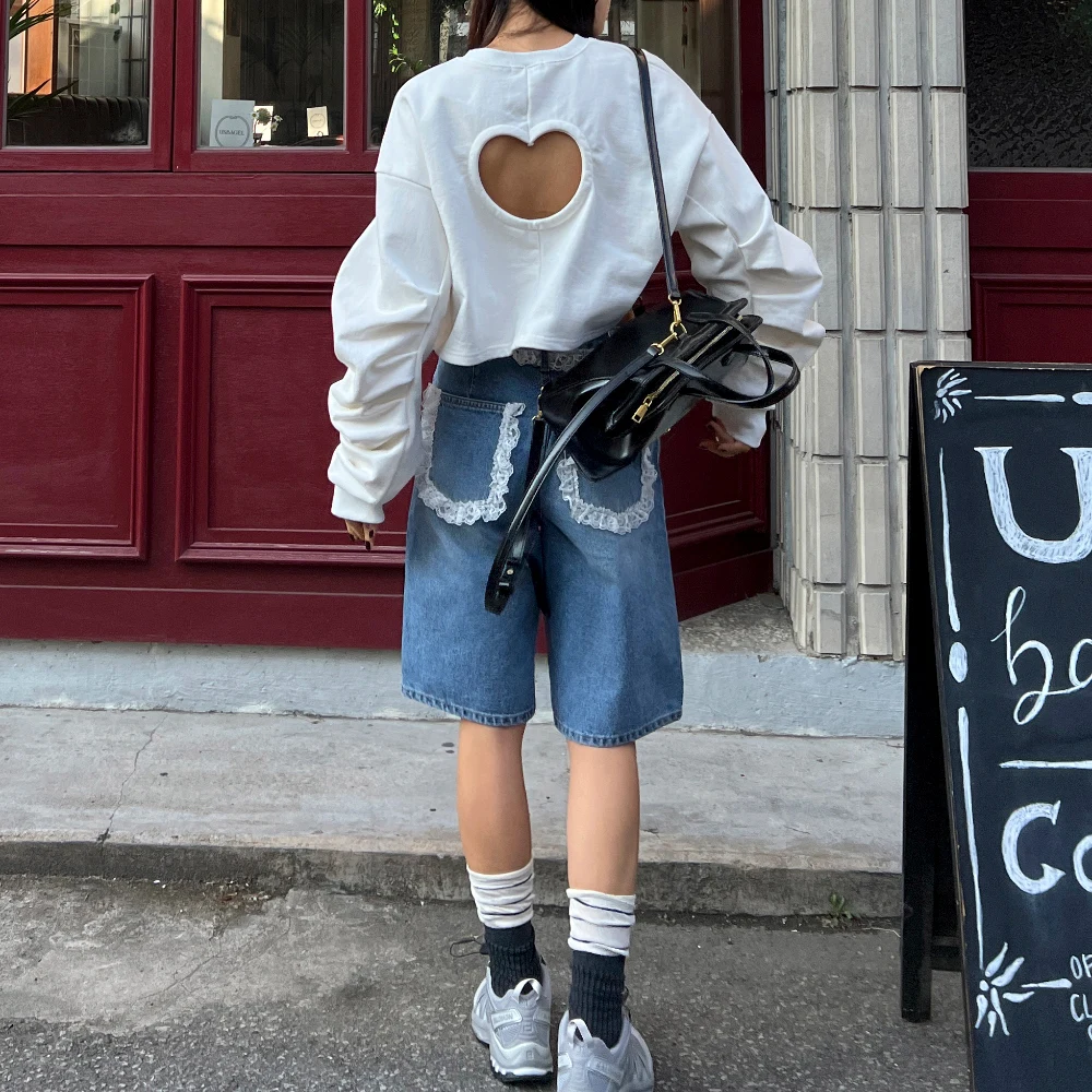 Denim jeans met retro getailleerde kanten rand Dames losse rechte snit Agel Veelzijdige vijfkwart middenbroek Hoge taille Lente zomer