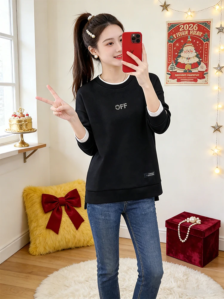 

Женская толстовка с длинными рукавами и круглым вырезом, с принтом и дизайнерскими вставками, весна-осень, новинка, повседневный стиль, удобный свободный крой, топ