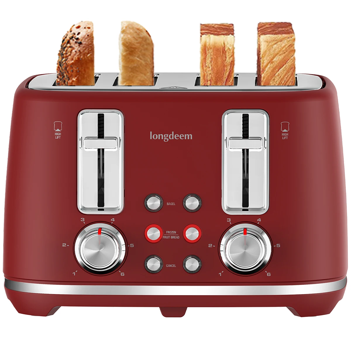 4 Slice Toaster, Extra Wide Slots, Retro Stainless Steel Toasters, 6 Browning Options, Auto Shut Off & Frozen Function, Red