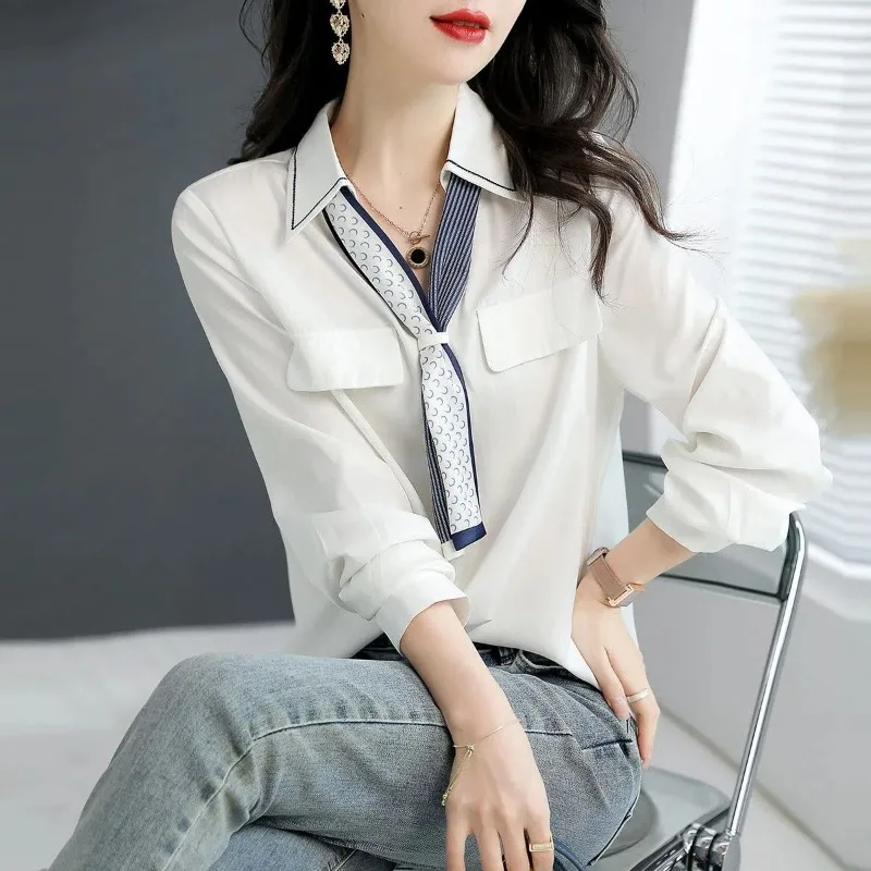 2024 Spring and Autumn New Elegant Women\'s Chiffon Shirt Fashion Long Sleeve Shirt Women\'s Inner Base Shirt Loose Blouse