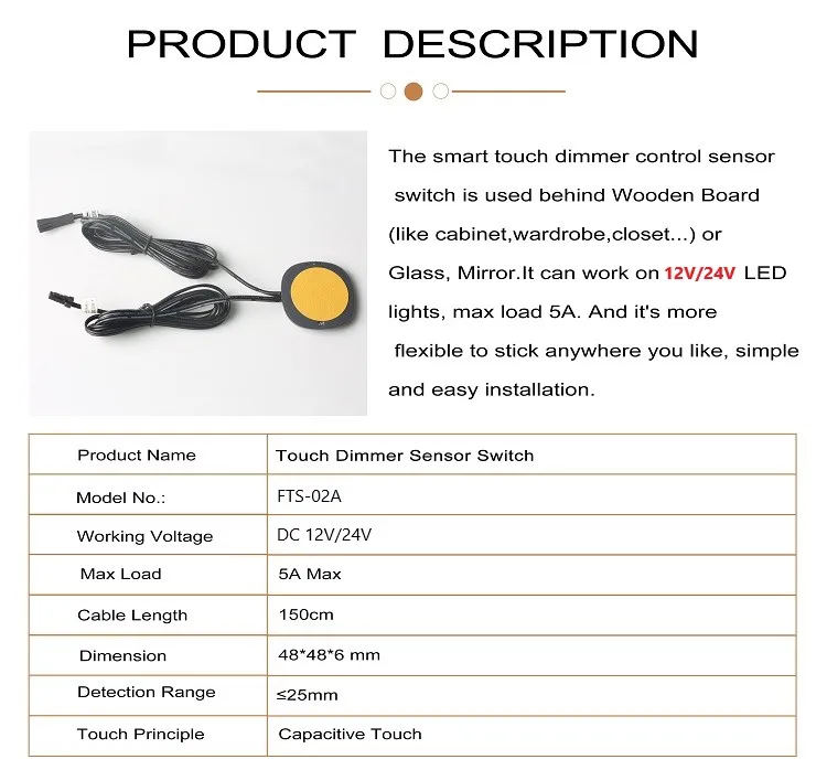 Durchdringender 40mm Holzplatten-Induktionsschalter LED-Berührungssensor 12V 24V 60W Berührungsschalter für Holzplatten, Stein, Kunststoff – Detail 2