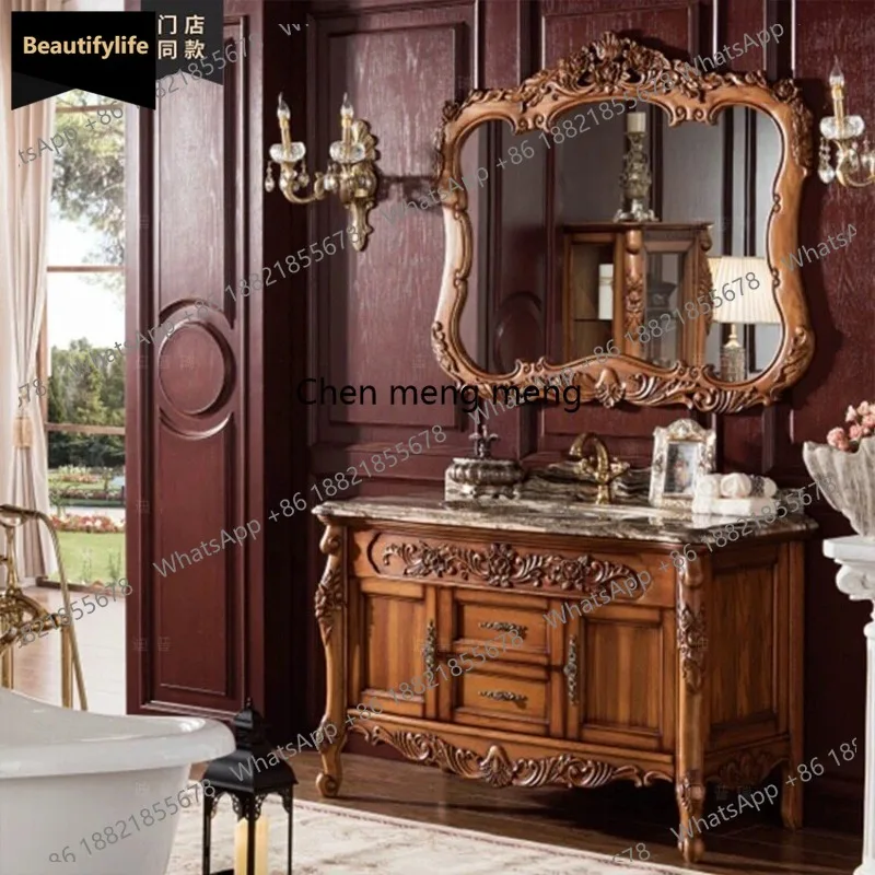 S178 European bathroom cabinet red oak antique solid wood washstand marble wash basin cabinet floor