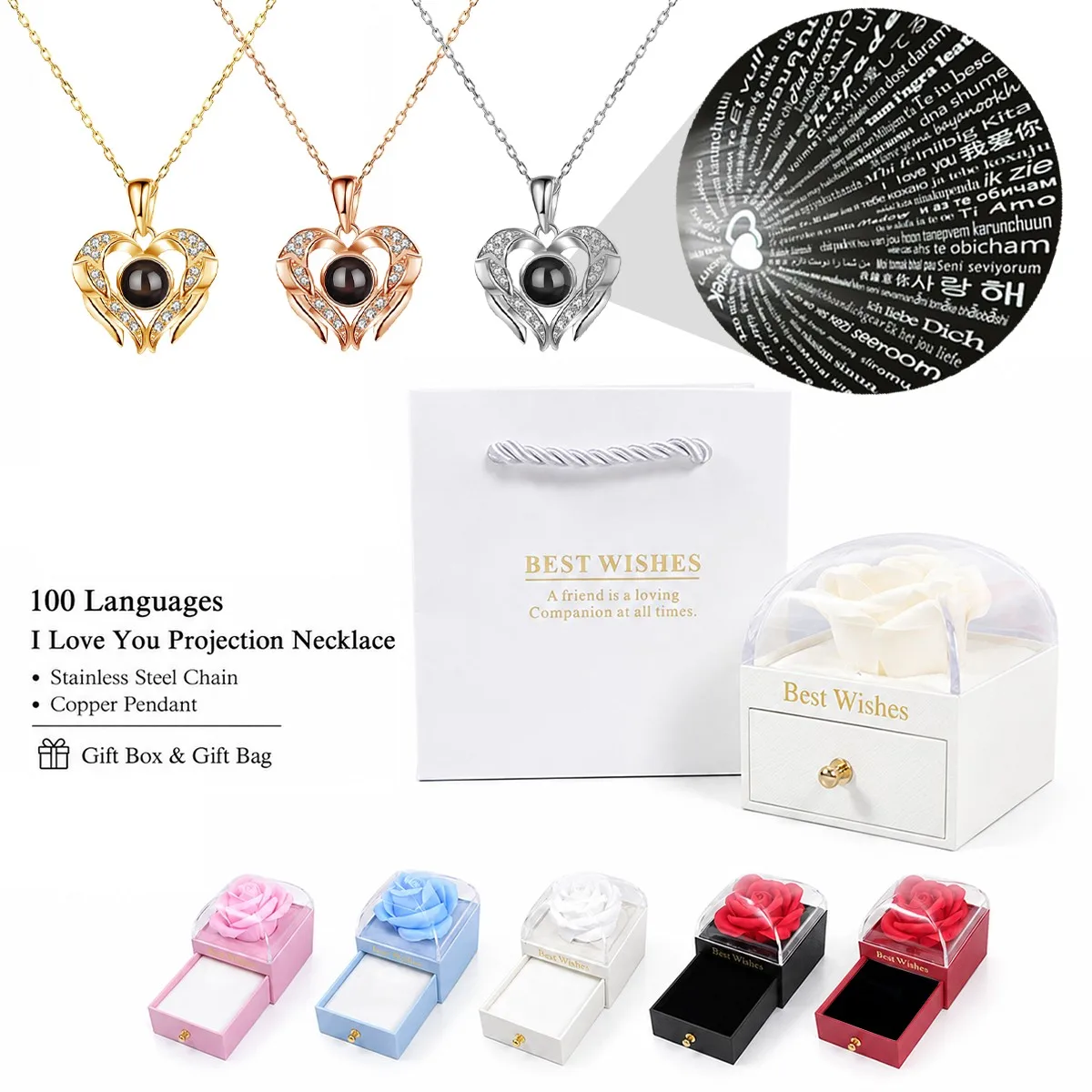 100 Languages Projection Necklace Heart Pendant With Rose Gift Box For Wife Girlfriend Women Christmas Valentine Birthday