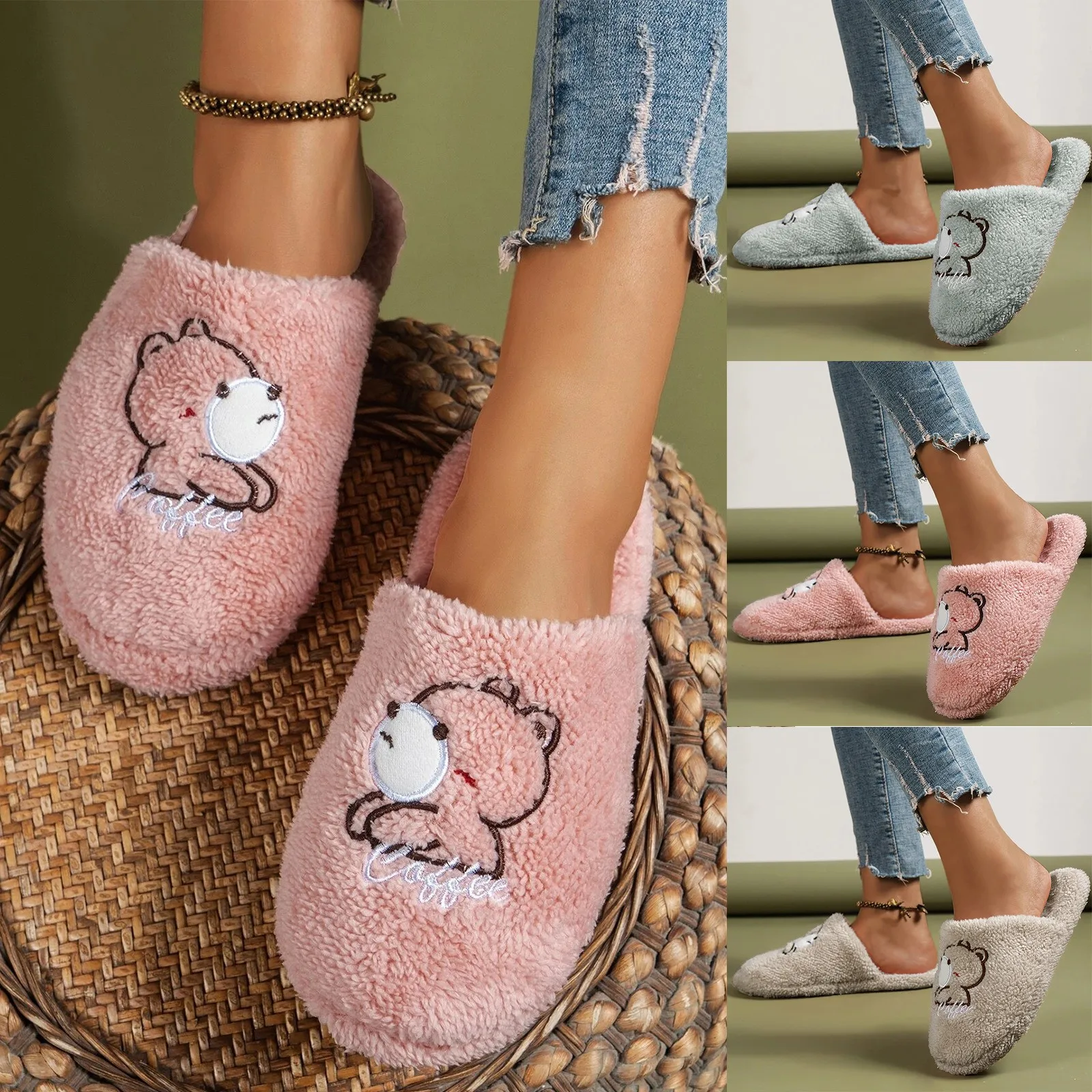 

2024 Autumn And Winter New Ladies Cartoon Embroidered Plush Home Lazy Slippers Anti Slip Durable Fashion Warm Sandals Slippers