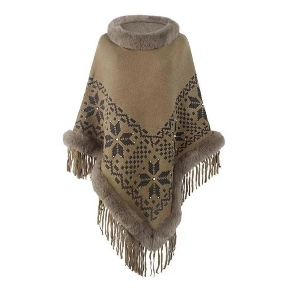 Jacquard Kralen Nepbont Gebreide Trui Poncho Jas Lange Vrouwen Herfst Winter Mode Cape Vrijetijdsreizen Mantel Wraps Kwasten