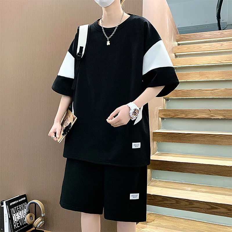 2024 Fashion Men T-Shirts Shorts Outfits Sets Summer 2 Piece Oversized Tracksuit Set Casual Patchwork Streetwear Mens Clothes