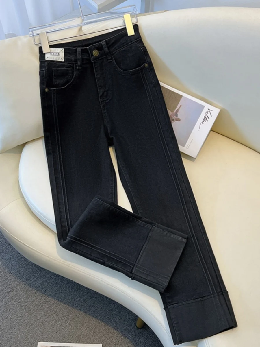 

Джинсы с прямыми штанинами, женские большие размеры, утягивающие хлопковые эластичные джинсовые брюки с высокой талией, свернутые модные брюки с французским хлебом