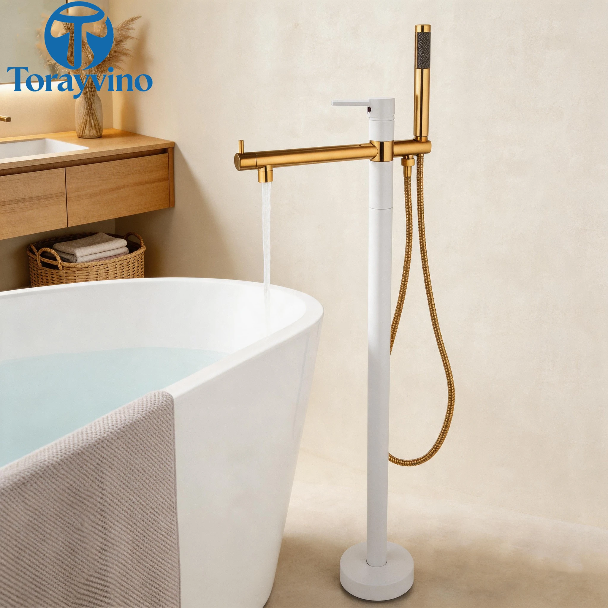Torayvino  Bathroom Freestanding Bathtub Shower Faucet Floor Tub Filler Mixer Tap 360° Swivel Spout Shower Systerm Matte Black