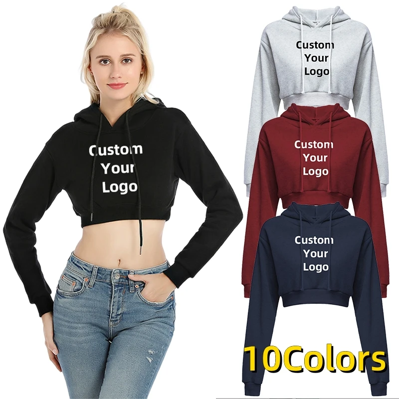 Customize your logo Women Short Top Hoodie Casual Long Sleeve Hooded Short Sweatshirt Sexy Printed Sweaters 10 Colors