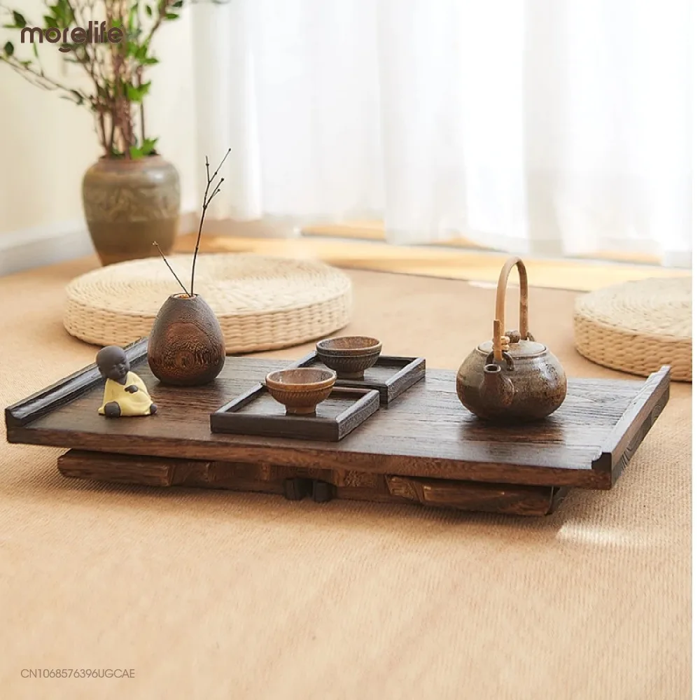 Mesa de té de piso japonés, mueble antiguo asiático, pata plegable, rectangular, muebles de sala de estar, mesa de centro de madera plegable