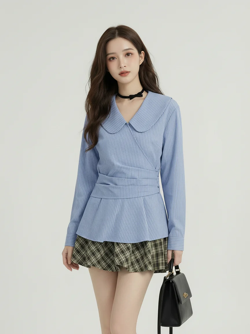 

Spring Vintage Doll Collar Waist-Cinching irt Women's Light Blue Long Sve Fitted Top Warm Nuanxi 2026 Commute Sle