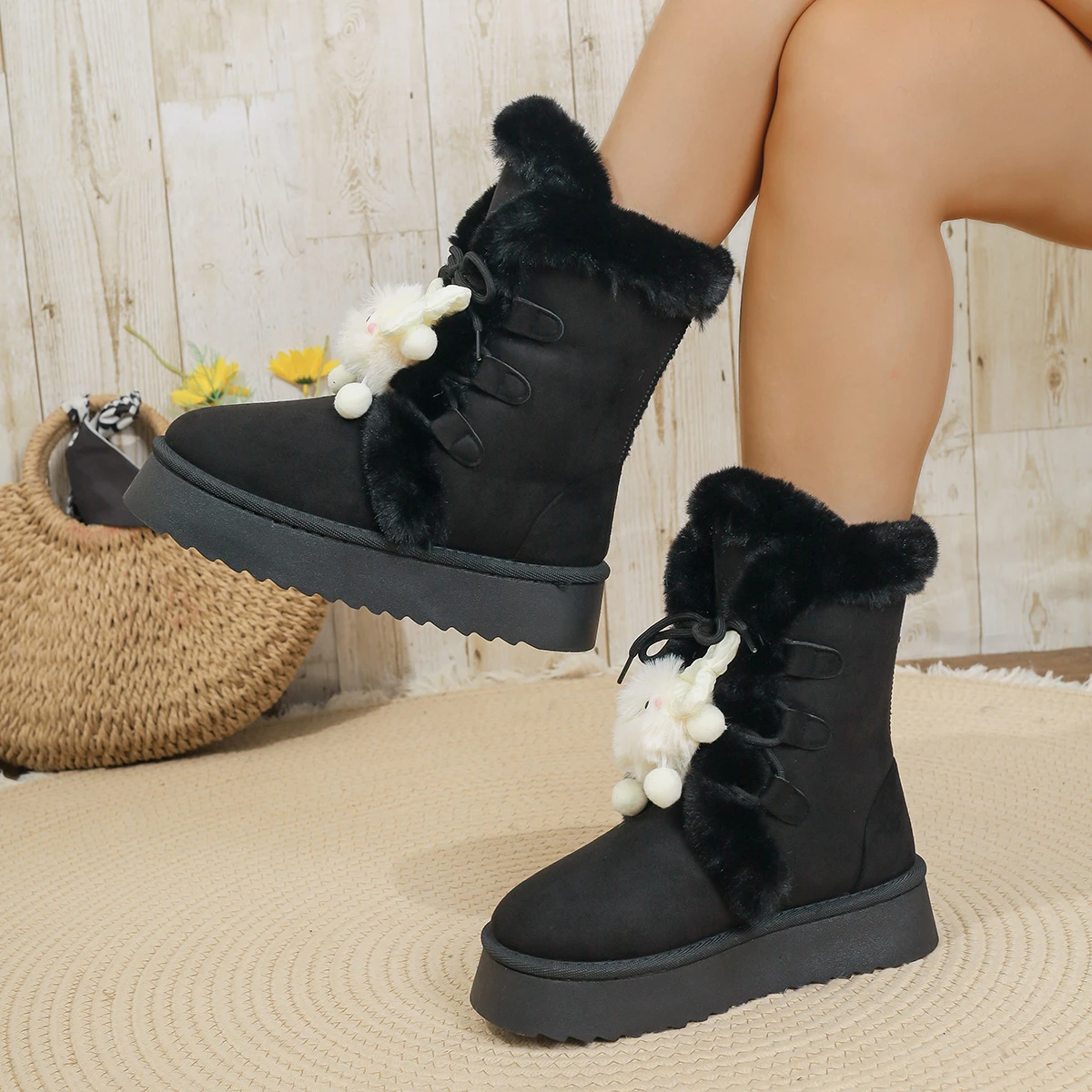 Fashion Cute Cartoon Snow Women Boots Slip on Thick Bottom Snow Boots Woman Winter Faux Suede Short Plush Warm Boots for Women