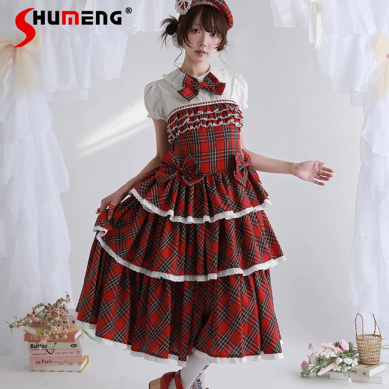 

Original Japanese Style Vintage Red Dresses Kawaii Girl's Lolita Dress Women's Sweet Casual High Waist Skinny Plaid Dress Op