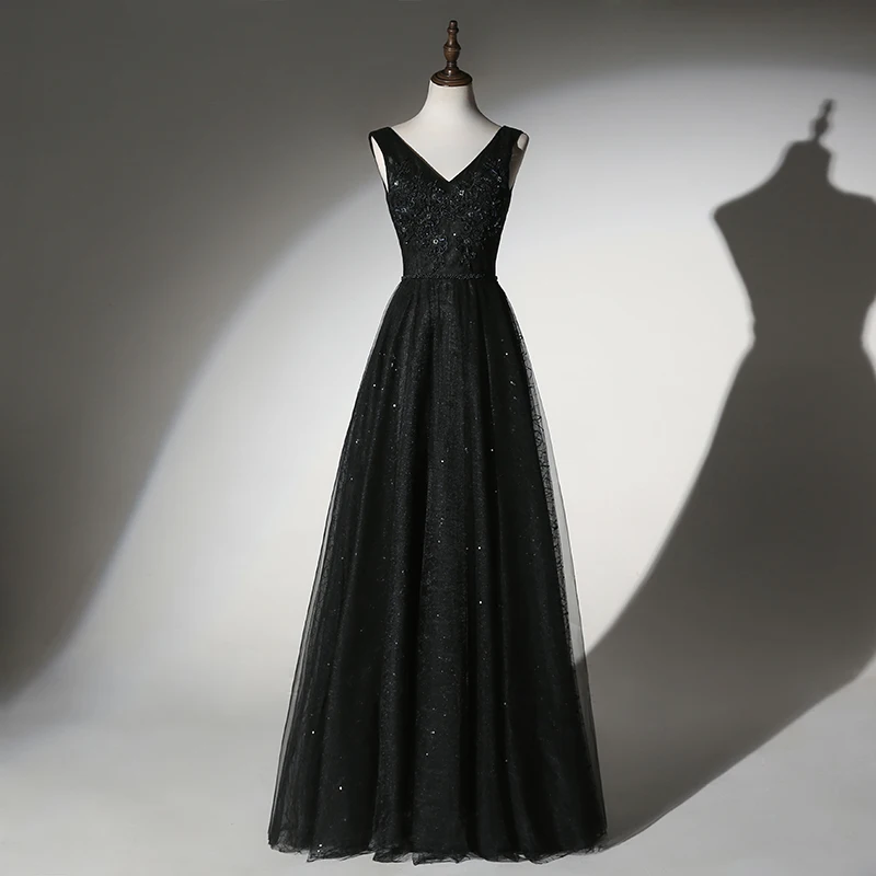 فستان سهرة طويل أسود للتنحيف مقاس كبير للنساء لأداء الحفلات وحفلات الزفاف على الطراز الكوري منتصف الخصر