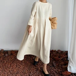 Johnature New Korean Women Clothing Dresses 2025 Autumn O-neck Casual Pockets A-line Loose Solid Color Female Dress