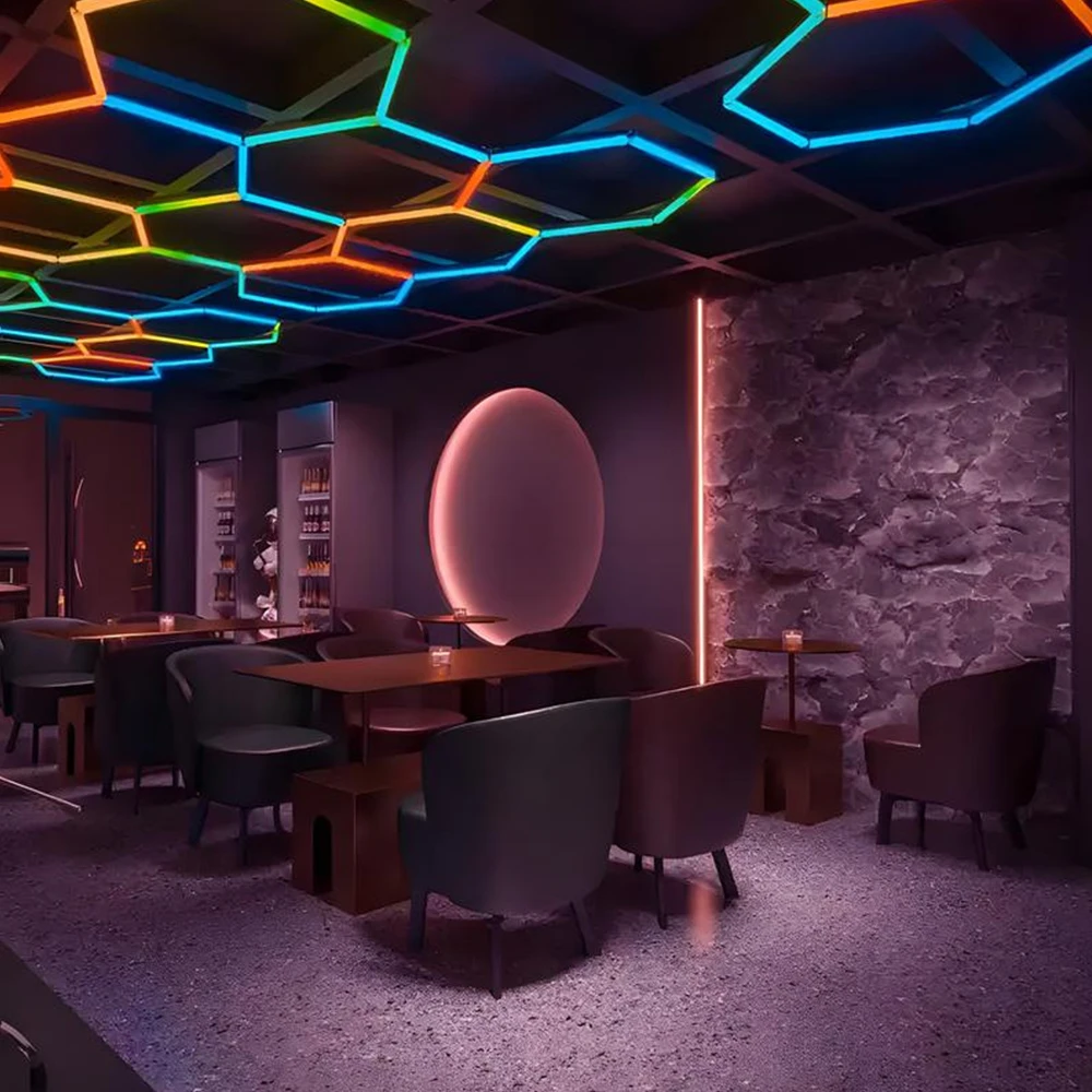 Hexagonal Garage Light RGB 200W Cellular Seven Color Remote Control 110V Wall Decoration Modeling LED Car Wash Station Light