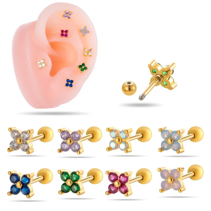 

6pcs/ Set Fashionable stainless steel colored CZ zirconia four leaf flower screw with ball screw for women's earrings
