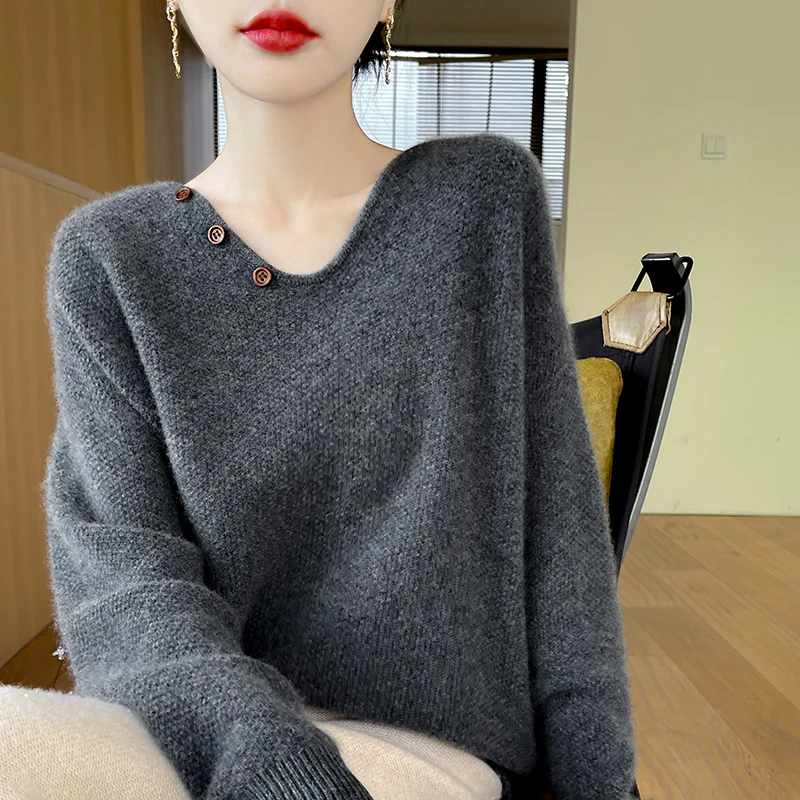 Fall/winter new women\'s sweater 100% pure wool V-tie button loose lazy Joker loose cashmere plus size pullover top