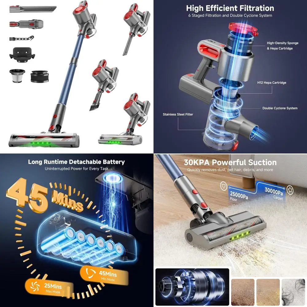 

Powerful Cordless Stick Vacuum Cleaner with Rechargeable Battery, Anti-Tangle Brush, 6-in-1 Lightweight for Pet Hair, Hard Floor