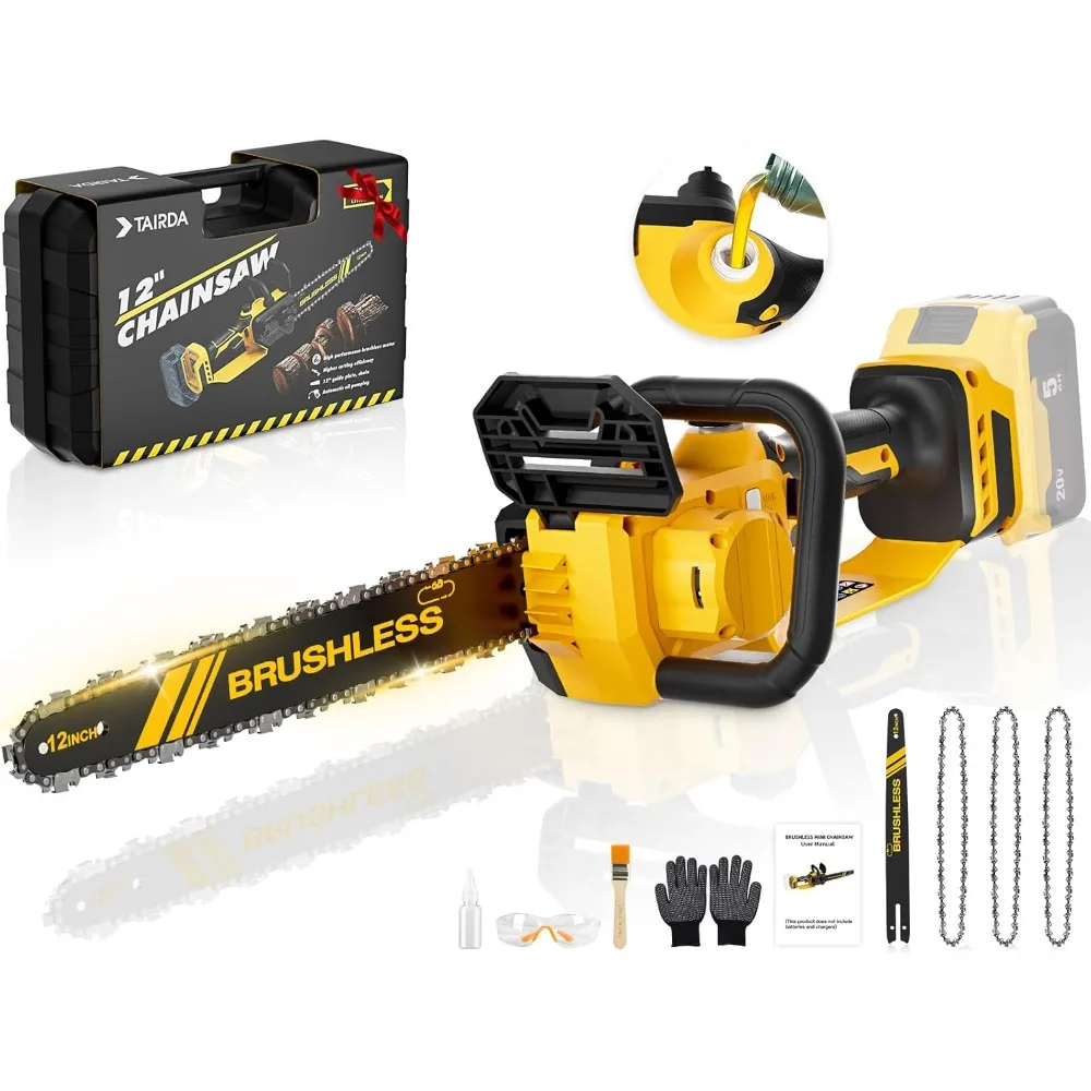 12-Inch Brushless Chainsaw for 20V Battery(No Battery), Mini Chainsaw Cordless with Auto Oiler & Security Lock