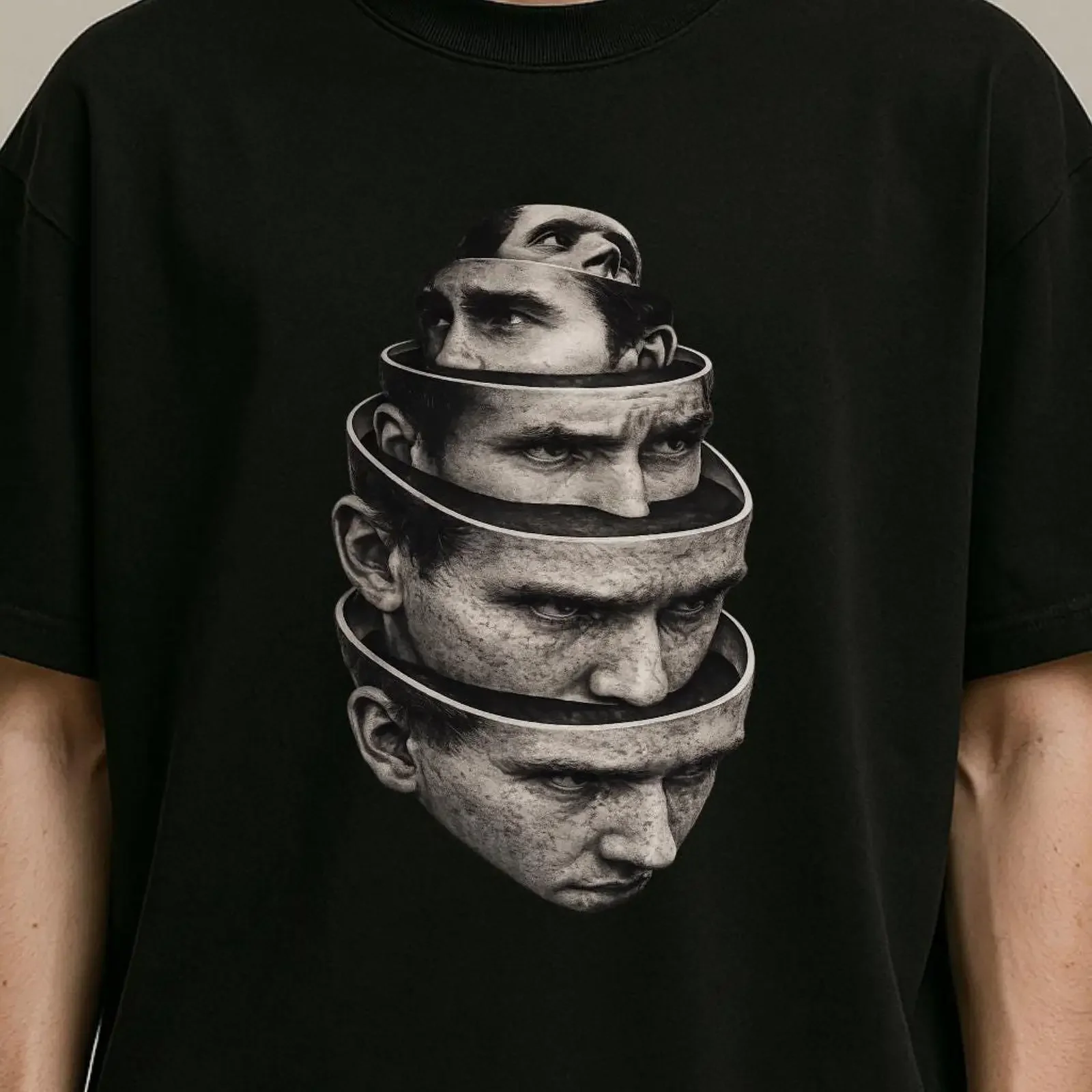 Surreal Fragmented Face PortraiT T Shirt Black and White Streetwear vintage Washed homme streetwear Slightly fashion graphic