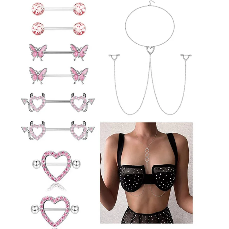 Heart Devil Nipple Ring Long Chain Female Sexy Nightclub Fashion Rhinestone  Body Jewelry Piercing N005