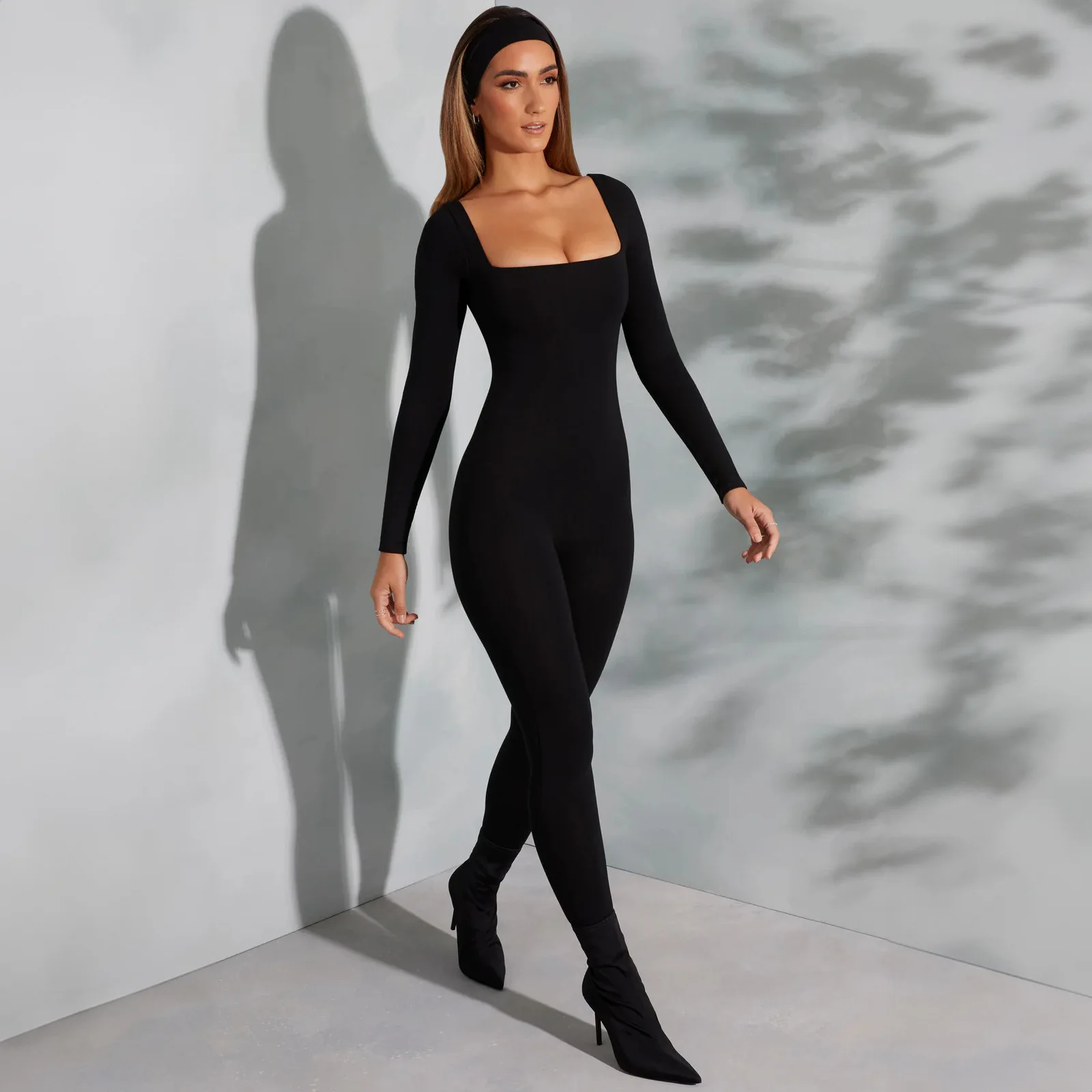 2025 Fashion New Style Casual Elegant Solid Color Sexy Long Sleeve Tight Waist Waist And Butt Lifting Square Neck Jumpsuit