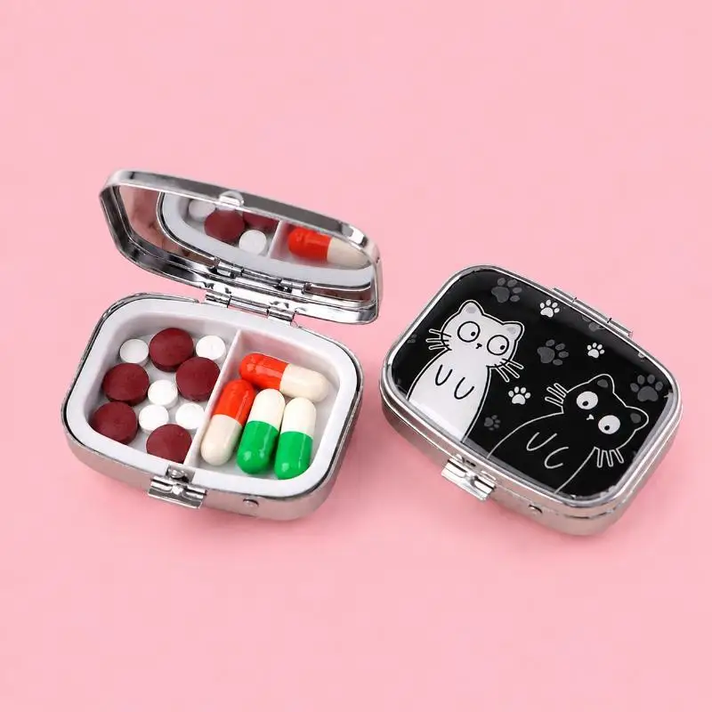 Cartoon Black & White Cat Travel Pill Organizer Pocket Portable Pill Storage Case Small Box For Tablets Container For Medicines