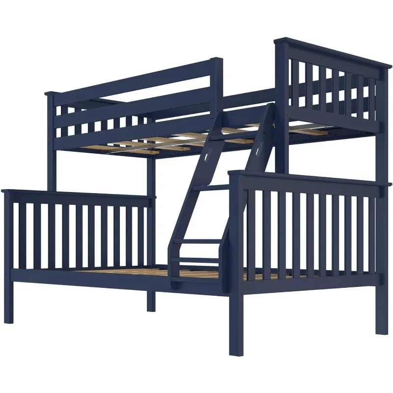 Bunk Bed Twin Over Full Size with Ladder, Solid Wood Platform Bed Frame with Ladder for Kids, 14