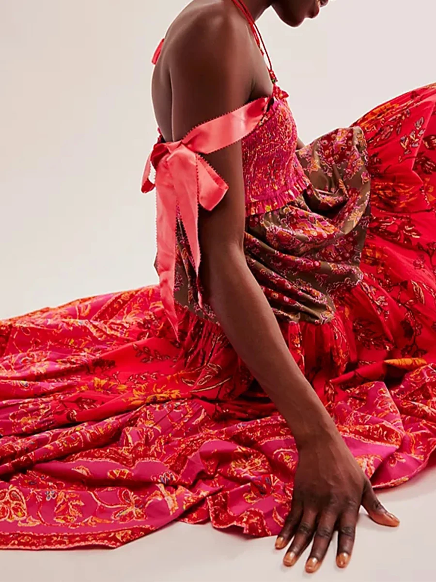 Abito da donna Cami con stampa floreale spalline allacciate abito senza maniche abito lungo abito estivo grande Swing a-line abito elegante allentato