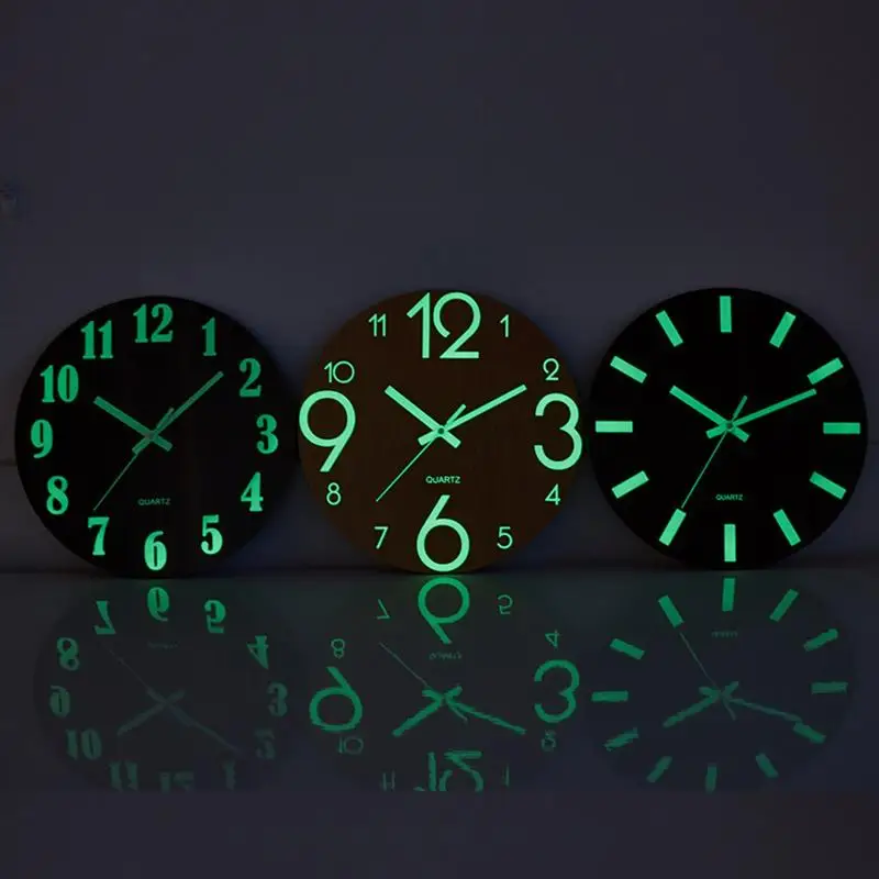 Luminous Wall Clock Round Wooden Silent NonTicking Modern Glow In Dark for Nursery Living Room