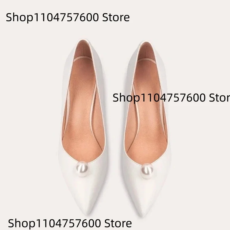 

Women's White Silk Pointed-Toe Flats Pearl Detail Shoe Sharp Pointed Toe Design Elegant Office-Casual Ladies Classic Daily Shoes