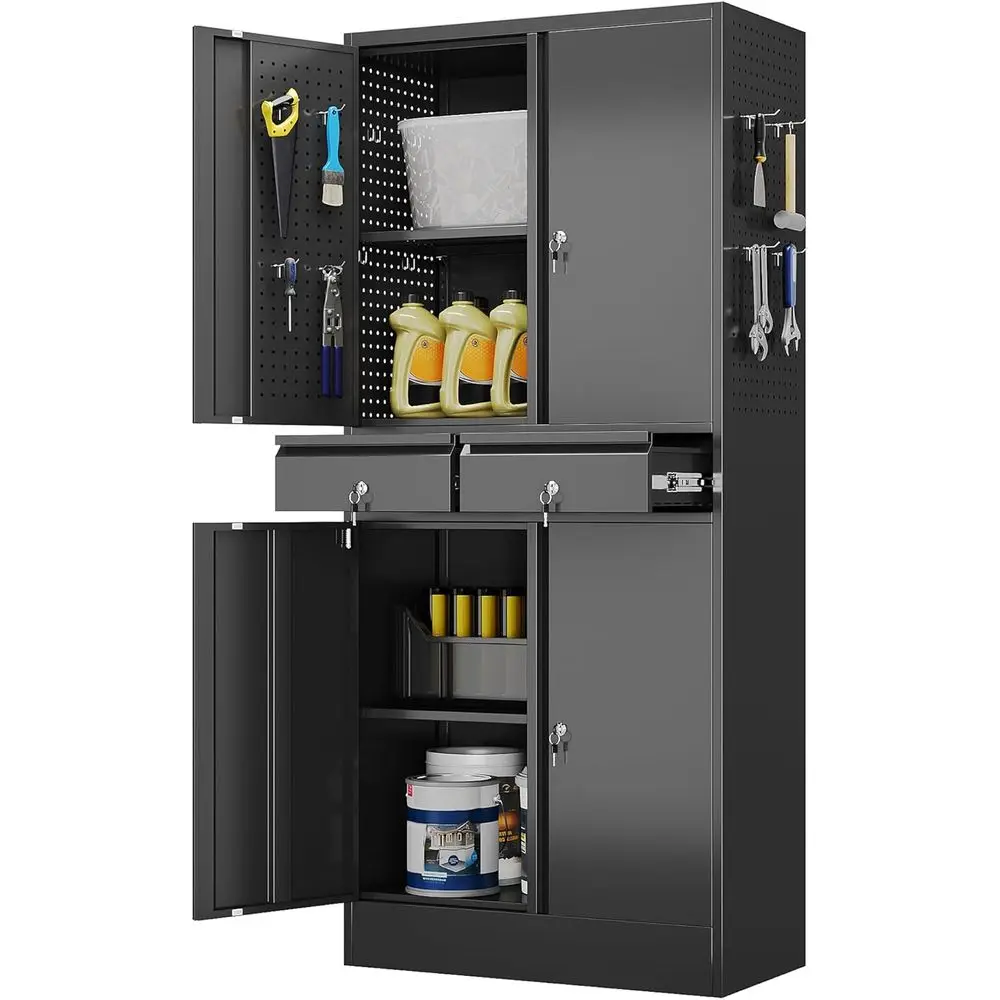 

Black 71 Steel Garage Cabinet with 2 Doors, Locking, Adjustable Shelves, and Pegboard