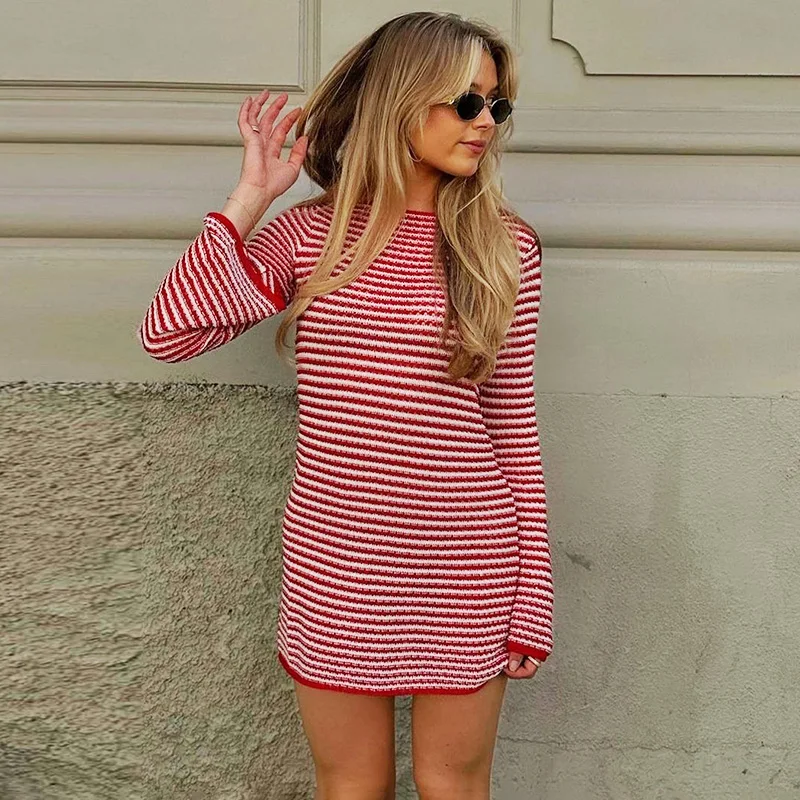 فستان نسائي محبوك مخطط من Ticketsx بأكمام طويلة ورقبة مستديرة وألوان متباينة فستان نحيف موضة سيدة Highstreet للتنقل